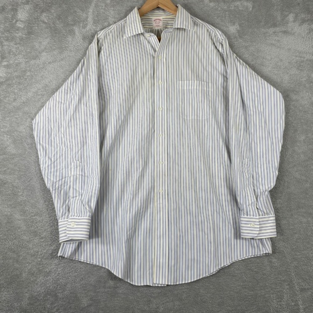 Brooks‎ Brothers Dress Shirt Mens 16.5 34 White Blue Striped Non-Iron Preppy